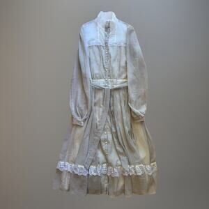 Vintage Gunne Sax Dress Women's Small Gray White Lace Trim 80s Boho Glam Western